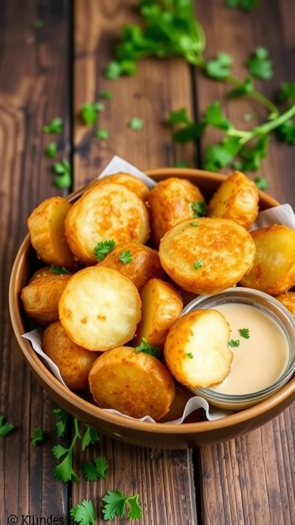 Crispy Parmesan Potatoes in Air Fryer Crispy parmesan potatoes in a bowl, garnished with parsley, on a rustic wooden table.